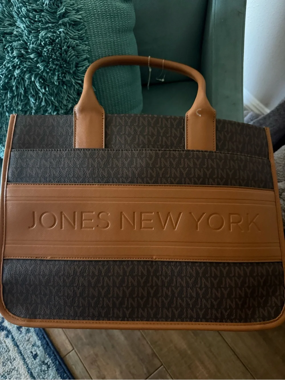 Jones New York Brown Monogram Laptop Tote with Tan Trim